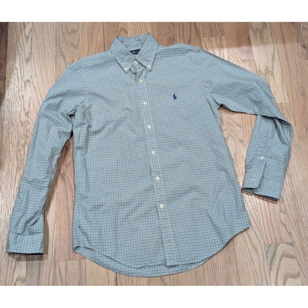 Ralph Lauren Men’s Small Button Down Shirt Green Navy Check 100% Cotton Preppy